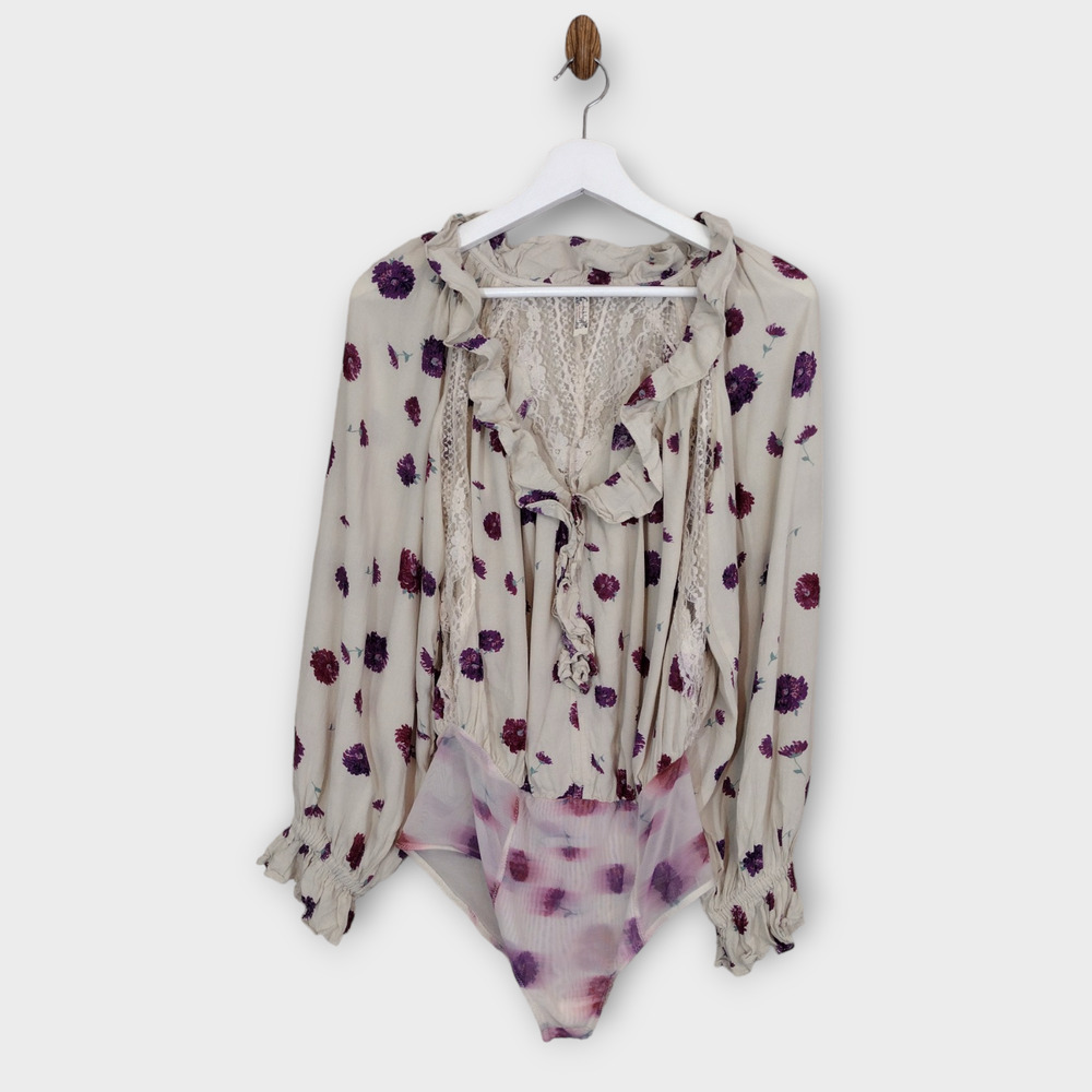 Intimately Free People Bodysuit Women's Small Poppy Floral Ruffle Boho Peasant